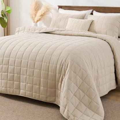 EMME Quilts Twin Size Bedding Sets, Beige Bedspread Soft Pre-Washed Quilt Winter Bed Sets, 2 Piece Cozy Reversible Microfiber Bed Coverlet with Pillow Sham (Square Pattern,66"x90") - color: 03-beige (Squares Pattern), size: Twin/Twin XL(66" x 90")
