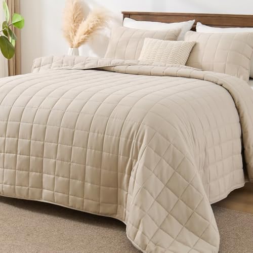 EMME Quilts Queen Size Bedding Sets, Beige Bedspread Soft Lightweight Pre-Washed Bed Set, 3 Piece Cozy Reversible Microfiber Bed Coverlet with Pillow Sham(Square Pattern,90"x90") - color: 03-beige (Squares Pattern), size: Full/Queen(90" x 90")