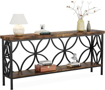LITTLE TREE Sofa Table, 70.9 Inch Industrial Behind Couch Table with Storage Shelves, Narrow Long Console Table for Entryway, Living Room, Foyer, Hallway, Office