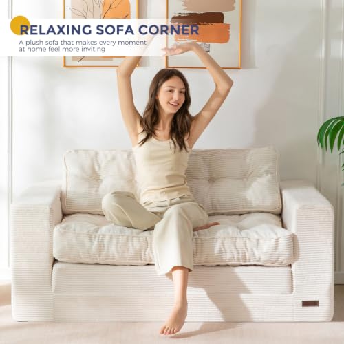 MAXYOYO Folding Sofa Bed, Convertible Sleeper Loveseat with Pillows | 2-Person Fold-Out Loveseat, Convertible Sleeper Bed with Supportive Pillows for Relaxing or Overnight Guests, Beige - color: Beige