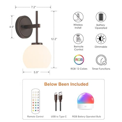 Oil Rubbed Bronze Wireless Rechargeable Wall Sconces Set of 2, Battery Operated Wall Lights with Remote Control, LED Dimmable Wall Lamp with Opal White Glass Shade, 12 Colors RGB & 3 CCT Bulb - color: Oil Rubbed Bronze & Opal Glass, size: Battery 12 Inch