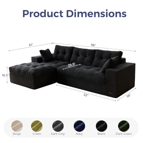 MAXYOYO Boneless Couch, 96-Inch L-Shaped Cloud Couch with Ottoman | Black Layered Cushioning and Flexible Modules Create an Upholstered Sofa in a Box with No Assembly for Spacious Living Rooms. - color: Black, size: 96" L Shape