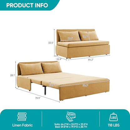 BALUS 43" W Queen Size Sleeper Couch Bed Pull Out Sofa with Pullout Beds, 2 in 1 Convertible Linen Single Sleepers Sofas Chair with Foldable Mattress and Pillows for Small Space Apartment, Yellow - color: Yellow, size: Queen