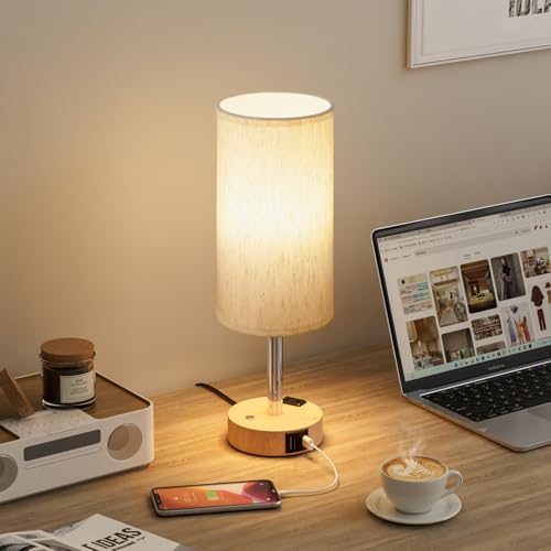 Touch Bedside Table Lamp for Bedroom, Stepless Dimmable, USB A+C, AC Outlet | Base Touch Button Only, Memory Brightness, Ultra-dim Night Light, Included Bulb for Optimal Dimming, Wood Grain Base, Nursery - color: Beige & Wood Grain