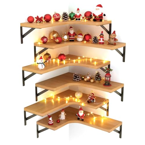 LEOPO Corner Floating Shelves Wall Mounted Set of 6, Corner Wall Shelves | Rustic Wood Storage Display for Home Decor, Bedroom, Living Room, Kitchen, Office, Bathroom, Laundry Room, Reddish Brown - size: Reddish Brown 6-Pack