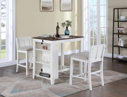 Lilola Home Graham 3-Piece White Finish Small Space Counter Height Dining Set with USB Charging Ports, Storage Shelves, and 2 Cream Upholstered Chairs — Compact Dining Furniture for Apartments - color: White
