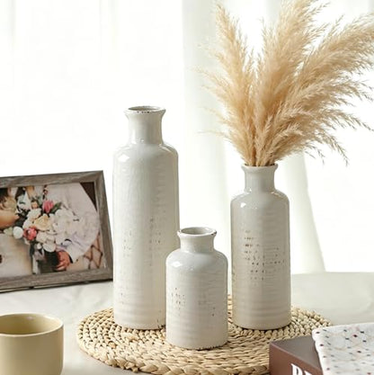 White Ceramic Vase Set of 3, Rustic Vase for Farmhouse Shelves Waterproof | Farmhouse Vases for Pampas Grass & Dried Flowers, Rustic Vase for Table Bookshelf, Living Room - color: 3pcs-crack White