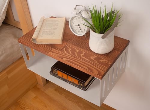 Floating Nightstand with White Metal Base, Wooden Top and Sturdy Metal Base, Minimalist Bedside Table, Wall Mounted Shelf, Bedside Shelf (Paris) - color: Paris