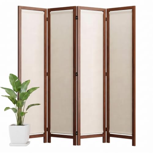 Wood Room Divider Panel with Linen Fabric, Boho Folding Privacy Screen 67" | Two Way Hinges, No-Assembly Required, Freestanding Screen For Bedroom, Living, Office or Apartment - color: Walnut, size: 4 Panel