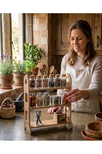 3 Tier Wooden Spice Rack | Solid Wood Kitchen Organizer | Countertop or Pantry | See Every Jar | No Assembly Required