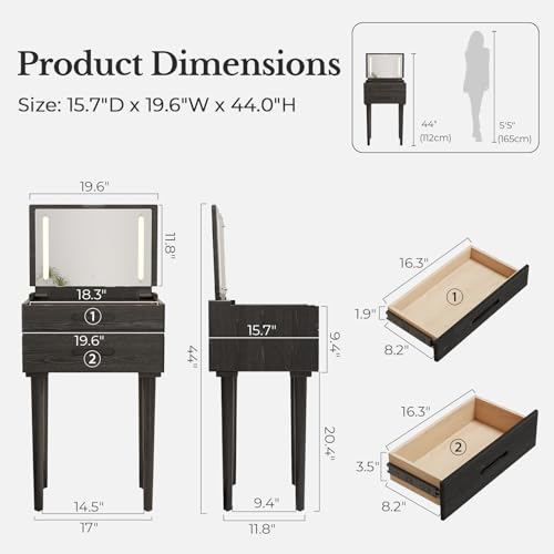 Solid Wood Small Vanity Desk with Mirror and Lights, Narrow Makeup Vanity for Small Space, Flip Top Vanity Side Table, 3 Color Modes & Adjustable Brightness, 19.6" Slim Dressing Table, Black - color: Black, size: 19.6" Wide