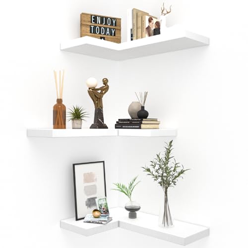 Floating Corner Shelves Wall Mounted with Invisible Brackets Set of 3 | 16.1" x 11.5", For Home Bedroom Bathroom Kitchen Living Room Office - Pure White - color: Pure White