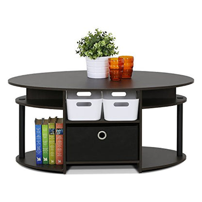 Oval Modern Coffee Table with Side Shelves and Storage Bin, Side Table with Shelf, Coffee Table, for Bedroom, Living Room, Home Office, Walnut - color: Walnut/Black