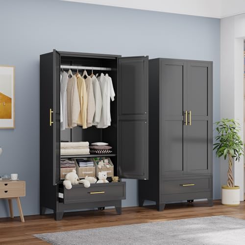 Metal Armoire Wardrobe Closet, 71" Black Clothing Storage Cabinet | with Hanging Rod, Adjustable Shelf and Drawer for Laundry Room, Bedroom, Home Office, Bathroom, Large Capacit - color: No Mirror-black, size: 1 Drawer