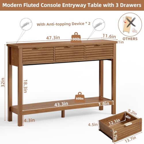 LEYAOYAO 47.2" Fluted Console Table with 3 Drawers, Brown Entryway Table | Modern Wood 2 Tier Entry Table, with Open Storage Shelf, Farmhouse Sofa Table Behind Couch, for Living Room, Hallway, Foyer - color: Tea Brown