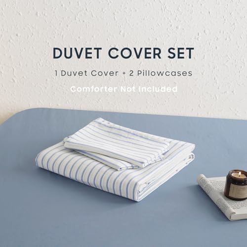 Wake In Cloud - Striped Cotton Duvet Cover Set, Ticking Stripe Vertical Pinstripe Farmhouse, 100% Washed Cotton Textured Bedding Set, 3 Pieces, Blue White, Full Size - color: Blue White, size: Full