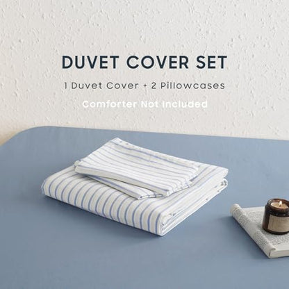 Wake In Cloud - Striped Cotton Duvet Cover Set, Ticking Stripe Vertical Pinstripe Farmhouse, 100% Washed Cotton Textured Bedding Set, 3 Pieces, Blue White, Full Size - color: Blue White, size: Full