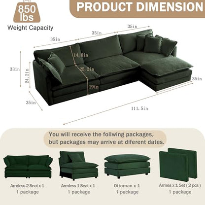 3 Seater Sectional Sofa,111.5 inch L-Shape,Green | Oversized Modular Couch Deep Seat - color: Green, size: 111.5 inch-L