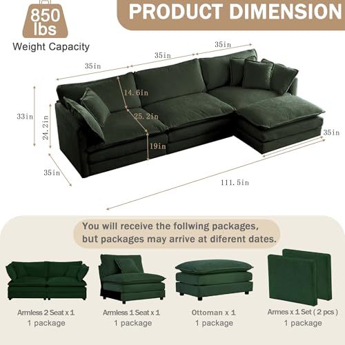 3 Seater Sectional Sofa,111.5 inch L-Shape,Green | Oversized Modular Couch Deep Seat - color: Green, size: 111.5 inch-L
