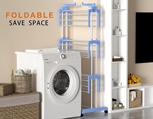 HOMIDEC Clothes Drying Rack, 4-Tier(67.7" H) Foldable Drying Rack Clothing | Foldable Stainless Steel Drying Rack, Movable Laundry Drying Rack with 4 Castors and 14 Hooks for Bed Linen, Clothing, Blue - color: Blue