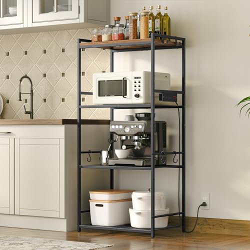 MAHANCRIS Bakers Rack with Power Outlet, Microwave Stand with Hooks, Multifunctional Storage Rack, Coffee Bar with Enclosure, Kitchen Storage Shelf, for Kitchen, Dining Room, Rustic Brown BRHR40E01N1 - color: Rustic Brown