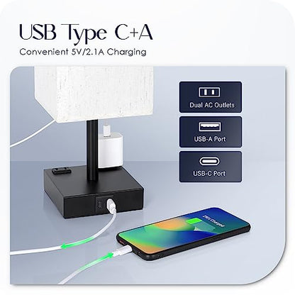 Bedside Table Lamps Set of 2 - Touch Nightstand Lamp for Bedroom with USB C+A Charging Ports & AC Outlets, 3-Way Dimmable Desk Lamp Flaxen Fabric Shade for Living Room Office(Bulb Included) - color: Flaxen
