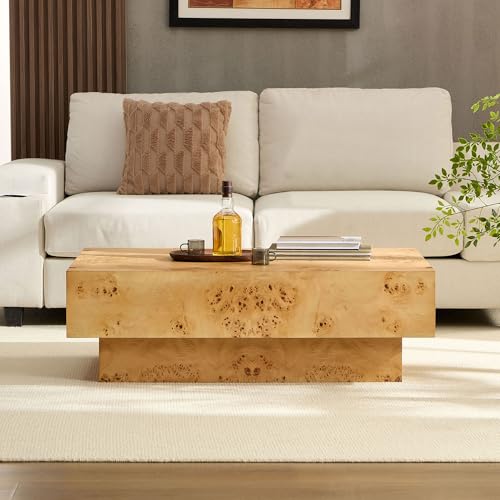 43.31" Rectangle Coffee Table with Burl Wood Veneer & Sturdy Base, Modern Luxury Wood Drum Center Table End Table Accent Side Table for Living Room, Minimalist Fluted Design, Oak - color: 43.31" Rectangle Style 2, Burl Wood Veneer