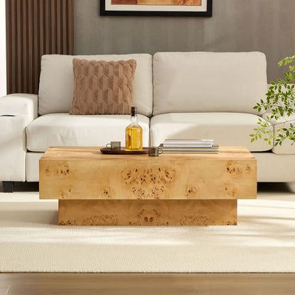 43.31" Rectangle Coffee Table with Burl Wood Veneer & Sturdy Base, Modern Luxury Wood Drum Center Table End Table Accent Side Table for Living Room, Minimalist Fluted Design, Oak - color: 43.31" Rectangle Style 2, Burl Wood Veneer
