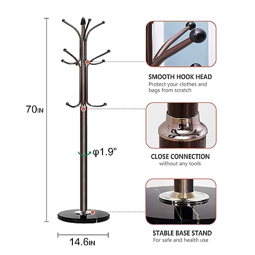 Kertnic Freestanding Coat Rack Stand, Heavy Duty Metal Hall Tree with 12 Hooks, 70 Inch Tall Stable Coat Hanger with 14.6" Natural Marble Base, Entryway Organizer for Coats Bags Hats Purses (Bronze) - color: Bronze