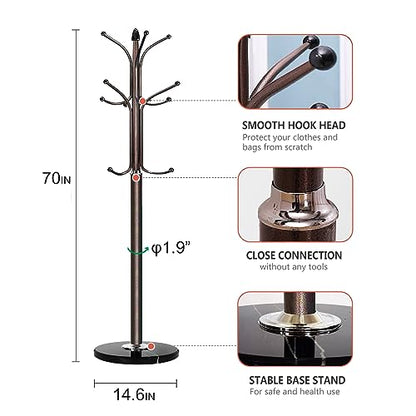 Kertnic Freestanding Coat Rack Stand, Heavy Duty Metal Hall Tree with 12 Hooks, 70 Inch Tall Stable Coat Hanger with 14.6" Natural Marble Base, Entryway Organizer for Coats Bags Hats Purses (Bronze) - color: Bronze