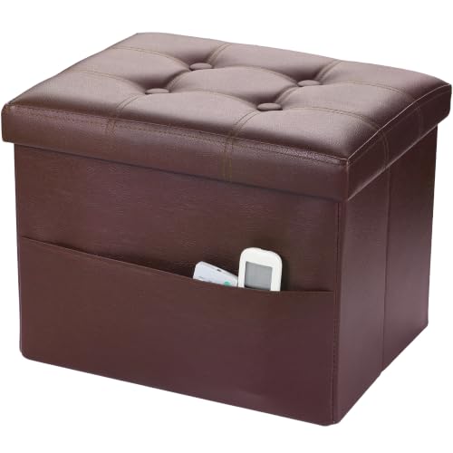 Bsketa Storage Ottoman Bench,16 Inch Folding Leather Foot Rest Stool, Brown | Small Ottoman with Side Pockets, Thicker Foam Padded Seat, Livingroom, Dorm, Bedroom, Easy to install, 38L,16x12x12in - color: Brown-with Side Pockets..