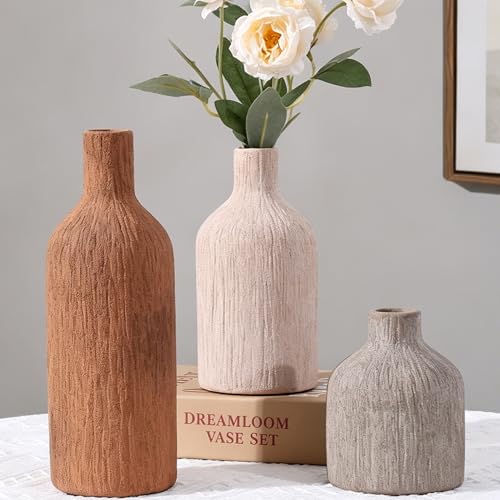 Ceramic Vase Set, 3Pcs Flower Vases for Modern Boho Farmhouse Decor, Decorative Vases for Pampas Grass & Dried Flowers, Distressed Finish - color: H