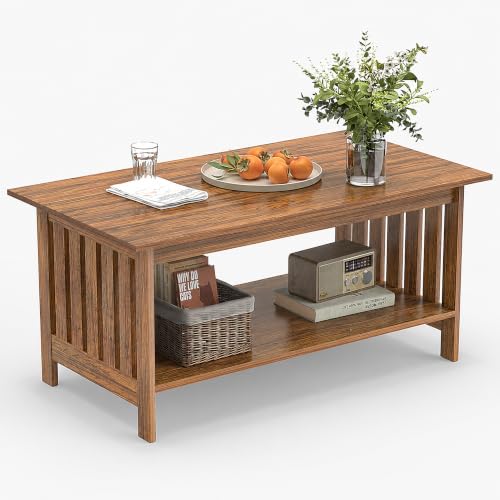 39.4" Farmhouse Coffee Table, Small Coffee Tables for Living Room | Rerto Wood, 2 Tier Coffee Table with Storage, Tea Table for Living Room Bedroom Small Space - color: Retro Wood