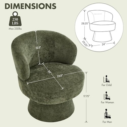 360° Swivel Accent Chair, Modern Chenille Barrel Chairs with Curved Back, Upholstered Round Lounge Chairs for Living Room, Bedroom, Vanity, Reading Nook, Small Spaces, Olive Green - color: Green 01, size: 1 Chair