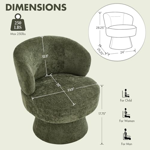 360° Swivel Accent Chair, Modern Chenille Barrel Chairs with Curved Back, Upholstered Round Lounge Chairs for Living Room, Bedroom, Vanity, Reading Nook, Small Spaces, Olive Green - color: Green 01, size: 1 Chair