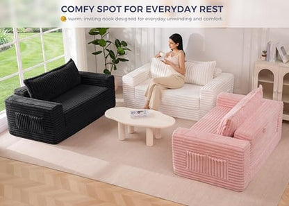 MAXYOYO Convertible Sofa Bed, Pull-Out Loveseat Couch Bed for Small Space | 2 in 1 Folding Couch Bed with Large Back Pillow, Plush Faux Fabric Lounge Couch for Living Room, Apartment, Black - color: Black