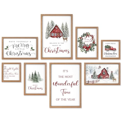 Faccito 8 Set Snowy Barn Christian Wall Art Framed, Wooden Decor | Religious Quotes Decor for Bedroom Office, Inspirational Scripture Wooden Art, Modern Framed Set for Home Classroom Work - style: Snowy Barn