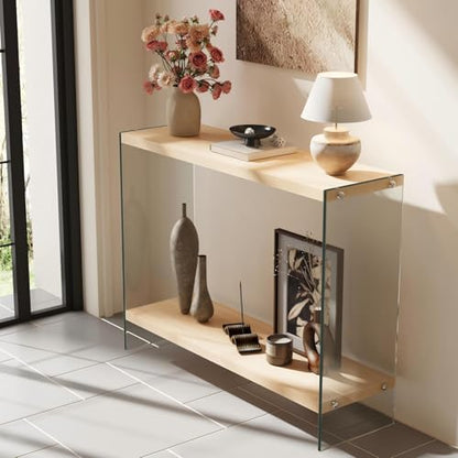 Console Table 2-Tier: 39.4 in Wide Rectangle Wood Shelf Glass Sides | Modern Desk Console Sofa Table Stand for Entryway - size: 39.3“W x 11.8"D x 30"H