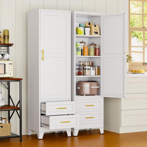 67" Tall Narrow Metal Storage Cabinet, Freestanding Pantry Organizer, White | Slim Bathroom Cabinets with 2 Drawers & 3 Adjustable Shelves, Multi-Use Cupboard for Kitchen Office Living＆ Dining Room - color: White - a, size: 15.7"D x 19.7"W x 67"H