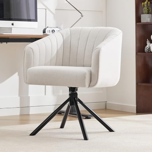 Swivel Desk Chair No Wheels Modern Upholstered Vanity Chairs Stationary | Comfy Dining Chairs with Mid Back Computer Task Chair Swivel Accent Arm-Chair for Home Office/Vanity/Bedroom, Beige - color: Beige