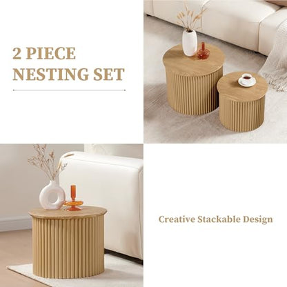 Round Nesting Coffee Table Set of 2, Small Fluted Coffee Table Circle Side Table, Boho Modern Wood Nesting Tables Farmhouse End Table Set for Living Room, Bedroom, Small Spaces(Natural) - color: Wood, size: Small-Fluted