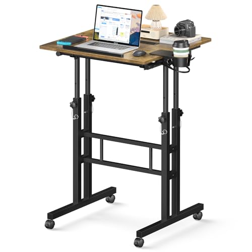 Enayplon Small Standing Desk with Wheels, Mobile Stand Up Desk, Portable Standing Table on Wheels for Walking Pad, Rolling Computer Desk Adjustable Height, Tall Table - color: Brown