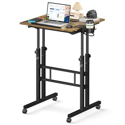 Enayplon Small Standing Desk with Wheels, Mobile Stand Up Desk, Portable Standing Table on Wheels for Walking Pad, Rolling Computer Desk Adjustable Height, Tall Table - color: Brown
