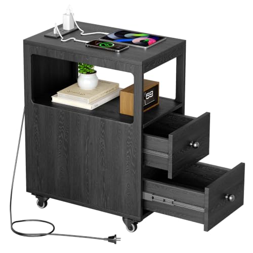 Narrow End Table with Charging Station and Wheels, Movable Narrow Sofa Side Table with USB Ports and Outlets for Small Space, Living Room, Bedroom and Office, Bedside with 4 Wheels (Black) - color: [A1] Black