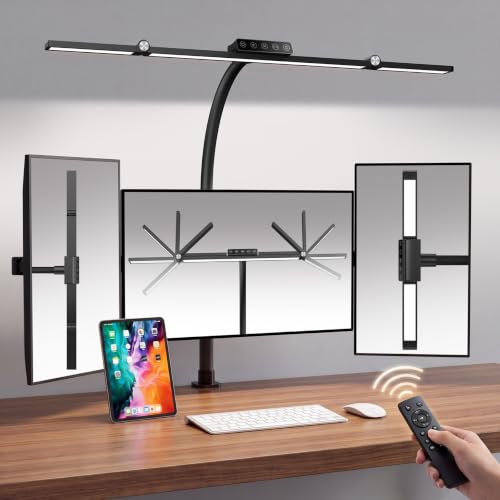 LED Desk Lamp with Clamp, 24W 3-Panel Light for Dual Monitors | 1800 Lumens, 96 LED, 3 Adjustable Panels, 360° Gooseneck, 2700K-6500K Color Temps, Remote, Touch Control, Memory Function - style: 27.2 Inch