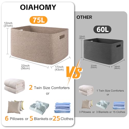OIAHOMY 75L Large Blanket Basket, 22”x17”x12” Woven Cotton Rope Storage Basket with Handle for Organizing Blanket and Toys for Living Room, Nursery, Brown Variegated - color: Brown variegated, size: 22”x17”x12”