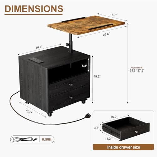 Bedroom Nightstand with Drawers & Charging Station, Adjustable Height Bedside Table with Wheels, Wooden Small Sofa Side Tables with Storage for Living Room, Black Brown - color: [A3] Black & Brown