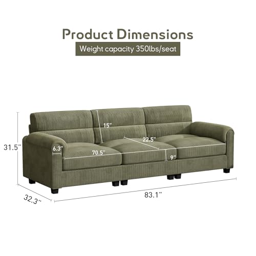 Bonzy Home 3 Seater Couch for Living Room, 83.1 inch Comfy Green Corduroy Sectional Couches with Overstuffed Cushion and Rolled Arms, Modern Sofa for Bedroom, Apartment, Office - color: Green, size: 3-seater