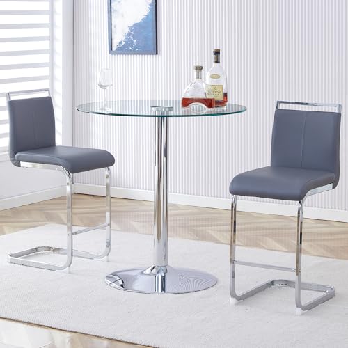 Bar Table and Chairs Set of 2,Round Counter Height Dining Table Set,35” Glass Round Bar Table Set with Grey Bar Stools,Sturdy Silver Chrome Base,Small Pub Table Set for Apartment,Kitchen(36" H - color: Silver&grey