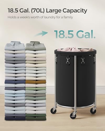 SONGMICS Laundry Basket, Rolling Steel Frame with 2 Locking Wheels, 70 L | Heavy-Duty Laundry Hamper Cart with Removable Bag, Ink Black and Metallic Silver, URLS006B01 - color: Ink Black + Metallic Silver, size: 70 L (1-Section)